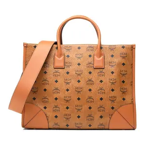 MCM Monogram Tote Bag for Women in Brown and Cognac Leather with Shoulder Strap Stylish Tote Bag Storage Tote Bag