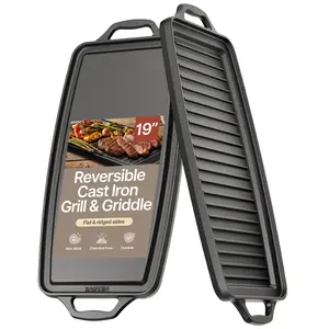 Bakken 19” Reversible Cast Iron Griddle, Flat & Grill Side, Dual Burner Cooking Plate for Pancakes, Meats & Veggies, Pre-Seasoned, Nonstick, Oven & Campfire Safe, Heavy-Duty Griddle Top with Mitt