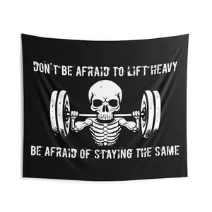 Don't Be Afraid |   Custom Gym Tapestry |   Home Gym Flag Decor |   Large Quote Wall Art |   Motivational Inspirational |   Banner Wall Hanging Tape With Clips And Hooks White Color Skull Lifting Barbell Design Don't Be Afraid To Lift Heavy Text Bedroom D