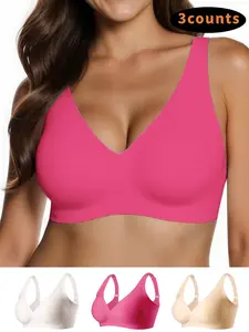 Pack of 3 Womens Seamless Wireless Bras, No Underwire Comfort Push Up Design, Buttery Soft Smooth Full Coverage Casual Everyday Bralette