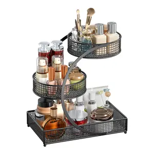 3-Tier Metal Home Organizer, Kitchen Fruit Basket & Vanity Makeup Storage Rack, Multi-Use Holder for Cosmetics, Snacks, Skincare & Small Plants (Black)