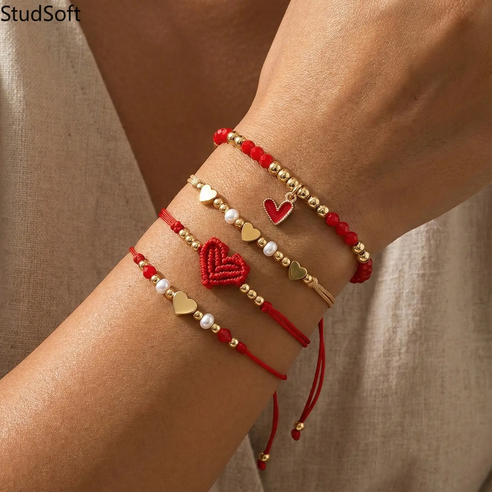 Dainty Sporty Sports Wristbands 4-Pack, Red Rope Love Heart Pearl Gold-Plated Adjustable Braided String Bracelets Set, Daily Wear Jewelry for Multiple Outfits, Dainty Sports Wristbands,back to school,back to school haul