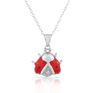 925 Sterling Silver White CZ Womens Red Ladybug Pendant Necklace, Adjustable, Female