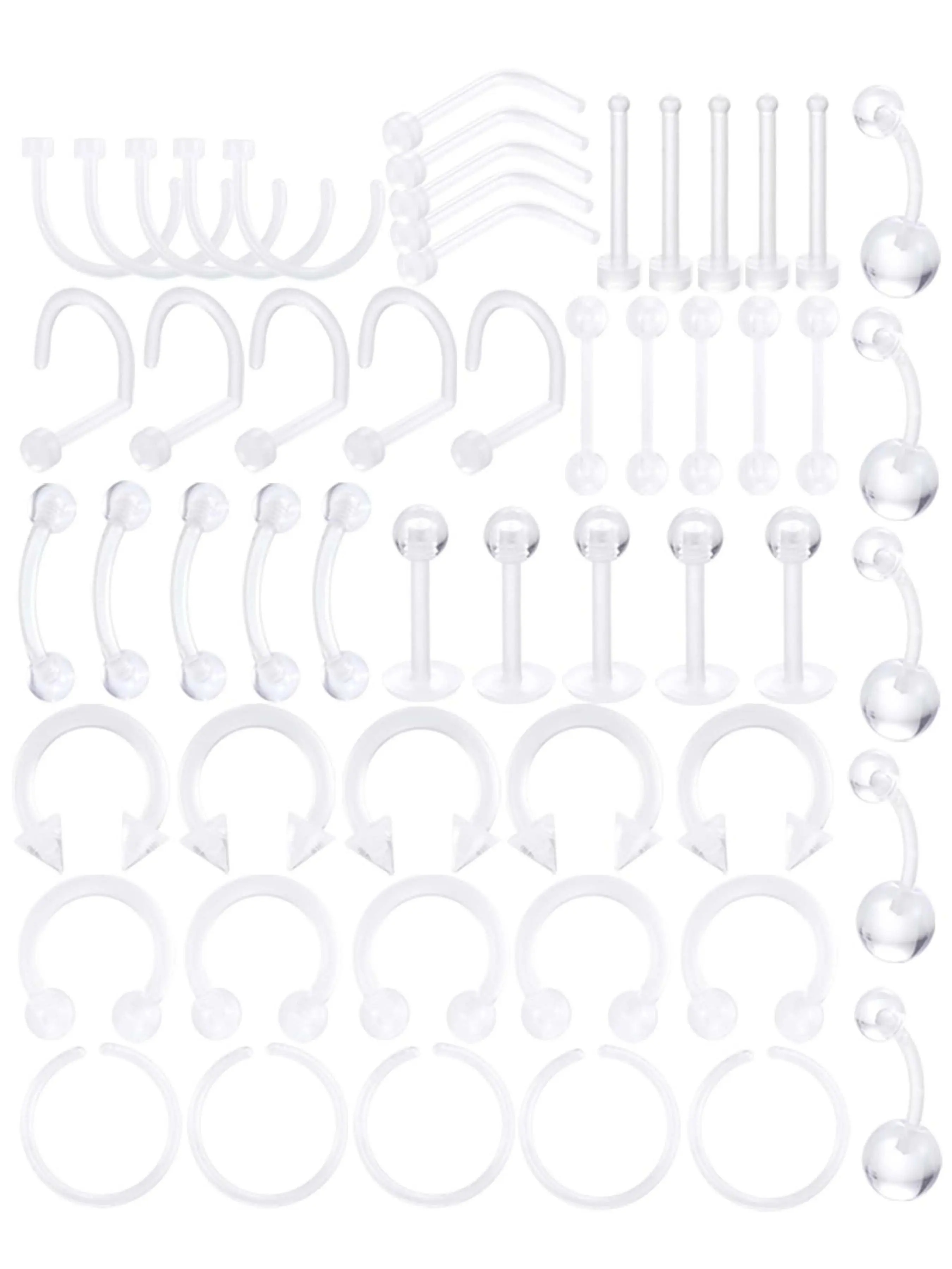 55PCS Clear Body Piercing Jewelry Piercing Retainers Flexible Bioflex 14G 16G 20G Navel Belly Button Ring Lip Labret Eyebrow Tongue Barbells Cartilage Tragus Nose Ring Earrings Retainer Nose Jewelry