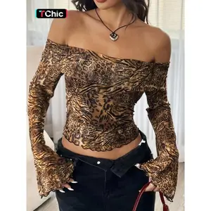 Women's Leopard Print Off Shoulder Mesh Top, Fashion Casual Long Sleeve Top for Daily Outdoor Wear, Ladies Clothes for All Seasons