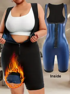 High-Waisted Zipper Waist Trainer Jumpsuit, Sporty Solid Pattern, All-Seasons Fitness Wear, Fat-Burning Sweatpants for Running & Gym