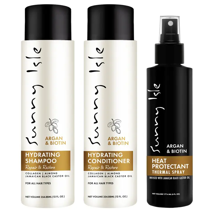 Sunny Isle Argan & Biotin Hydrating Shampoo, Conditioner (12oz) & Heat Protectant Spray (6oz) Bundle - Jamaican Black Castor Oil infused - Frizz Control, Smooth & Soft Hair, Heat Protection