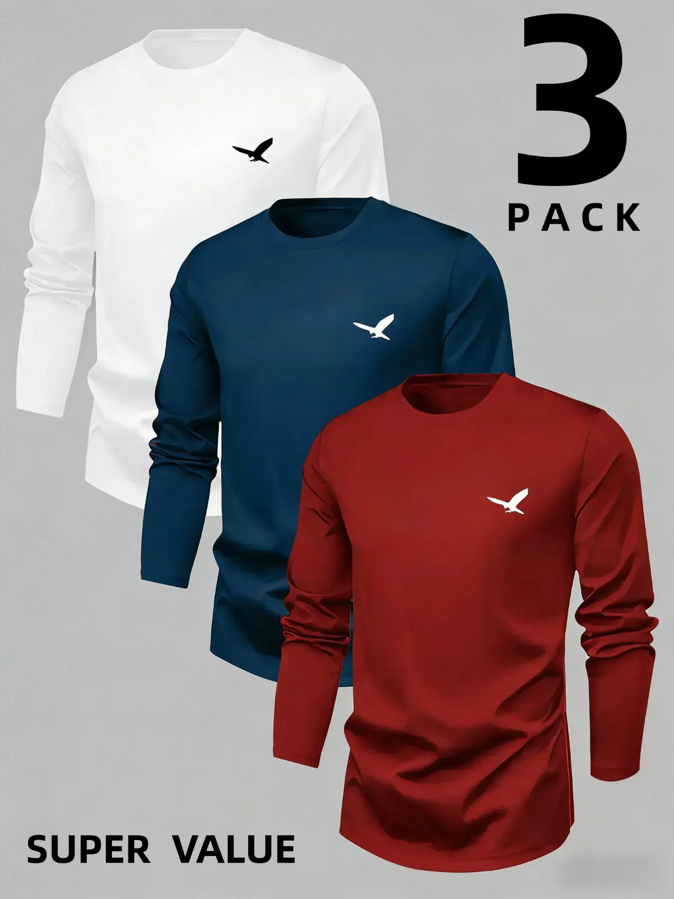 Men's Long Sleeve Round Neck Longline Crewneck T-Shirt Set, Soft Knit Winter Warm Base Layer, Eagle Logo Print Graphic Crewneck, Breathable Layered Tee, Casual & Formal Wear, Knitwear, Tops