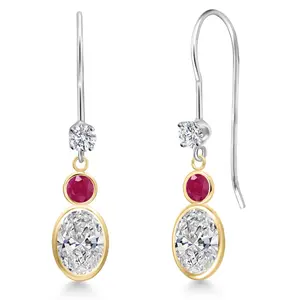 14K Two Tone Gold Lab Grown Diamond and Red Ruby Dangle Earrings for Women | 1.85 Cttw | Gemstone April Birthstone | Oval 7X5MM