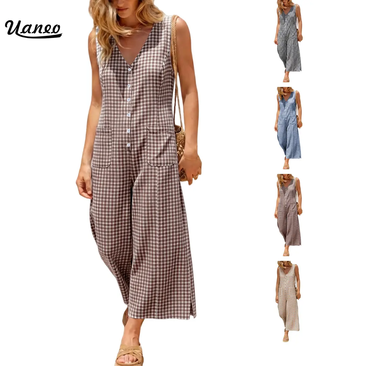 UANEO Women's Cotton Plaid Jumpsuits Button Down Sleeveless Casual Wide Leg Checkered V Neck Gingham Rompers Adjustable Waist Back Tie Loose Fit Overalls with Pockets Summer Fall Womenswear SohoChic Outfits