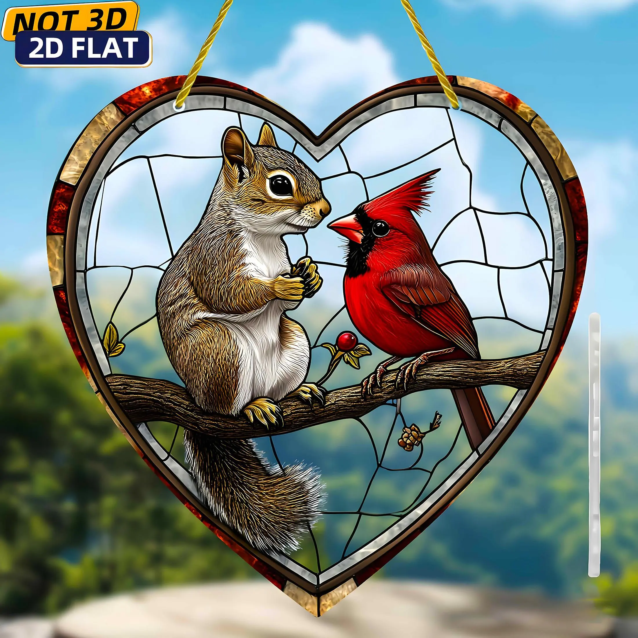 Squirrel & Cardinal Design Acrylic Sun Catcher, Stained Glass Style Window Hanging Decor, Nature Gift for Bird Lovers, Porch, Patio, Room Decor, Ornaments, Wall Hanging Ornament, Interior Wall Decor, Wall Decoration, Hanging Home Decor, Indoor Decoration