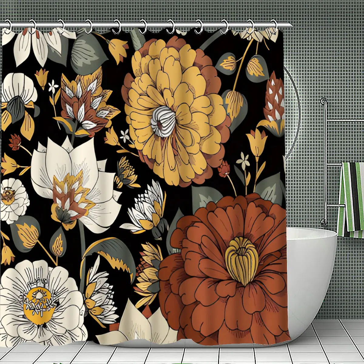 Boho Floral Shower Curtain Set with Snap-In Liner, No Hooks Needed, Modern Abstract Fabric, Mid-Century Aesthetic Bathroom Decor, Decorative Shower Curtain, 59x86, Bathroom Decoration Accessories, Shower Essentials, Hookless Shower Curtain