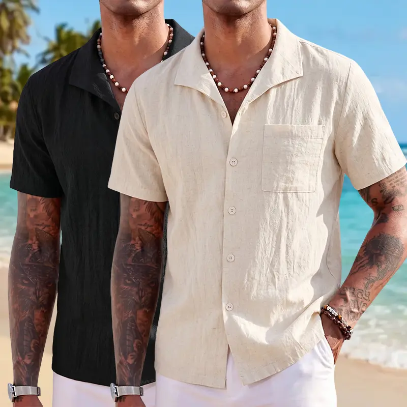Men's Casual Short-Sleeve Plain Linen Top - Breathable Soft Cotton-Linen Fabric, Large Turn-Down Collar, Relaxed Fit - Suitable for Beach Vacations, Everyday Outings