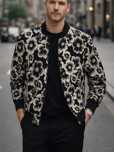 Men's Floral Print College-Style Longsleeve Jacket Coat - Fitted Round Neck, Pockets, Casual Trendy Outerwear for Spring & Fall, Stylish Menswear Tops, Longsleeves