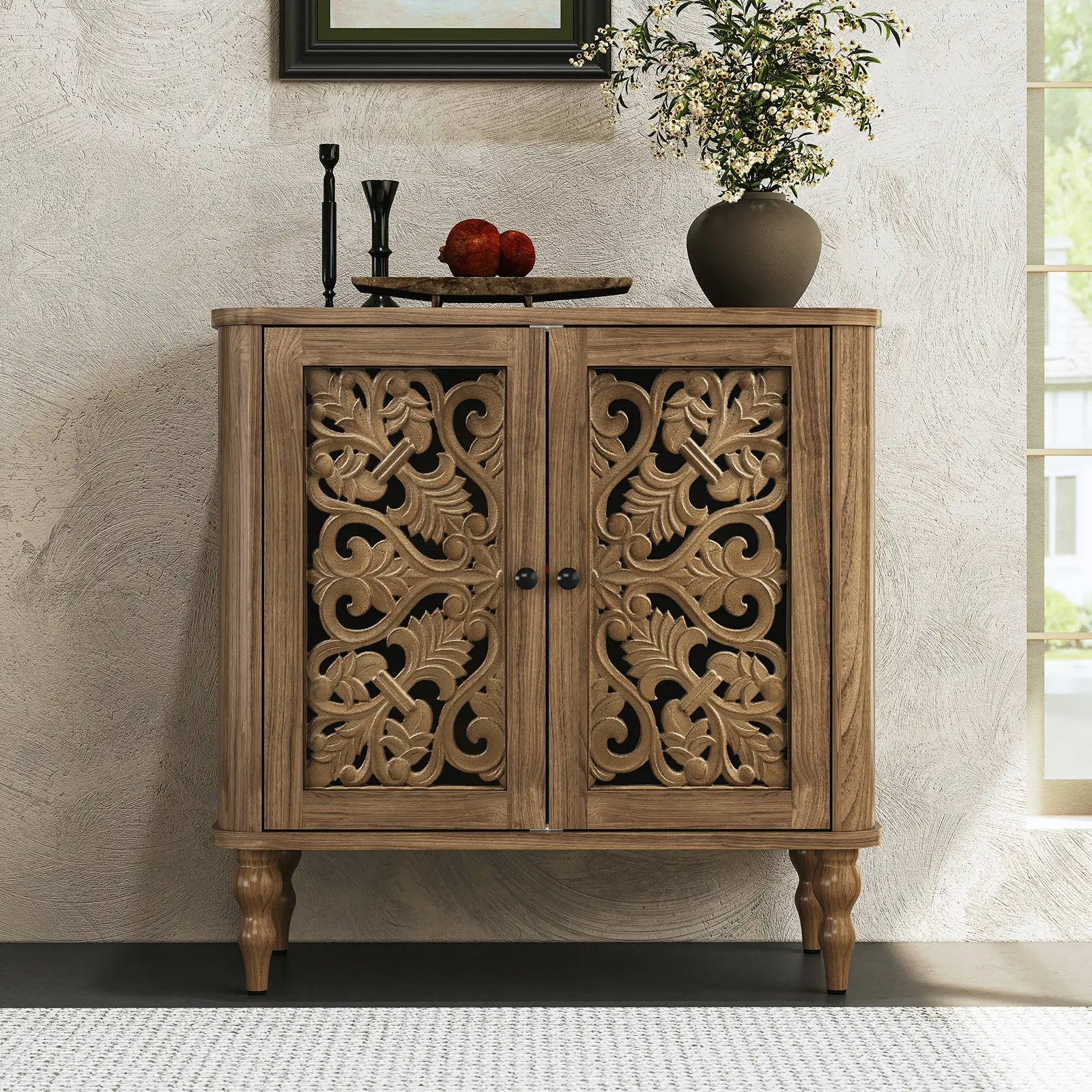 Aesthetic Wooden Buffet Cabinet with Intricate Carvings, Boho - Chic Storage Cabinet for Dining Room/Living Room/Entryway, Perfect for Home Decor Enthusiasts & Space - Savers Freestanding Wood Cupboard