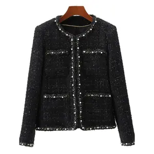 Women's Rhinestone Decorated Plaid Print Jacket, Elegant Fashion Casual Open Front Outerwear for Daily Outdoor Wear, Women Clothing for Spring Fall, Coats