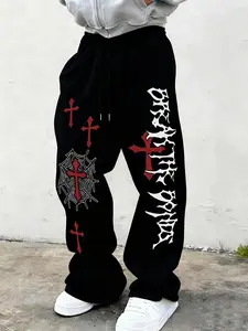 Gothic Cross Spider Web Graphic Geometric Wide Leg Pants - Death Metal Streetwear Bottoms