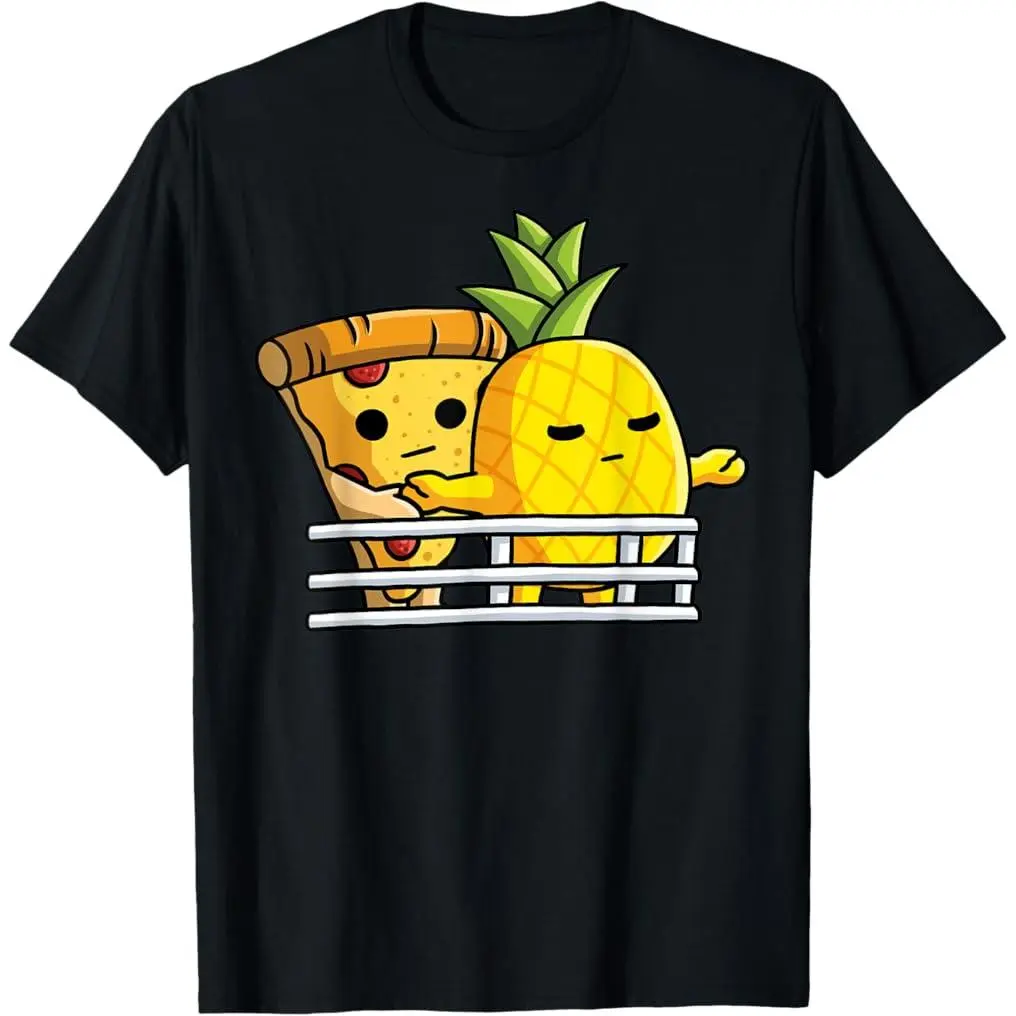 100% Premium Cotton Casual Fit Short-Sleeve Round Neck Print T-Shirt for Pizza Hawaii Lovers, Featuring Pineapple and Pizza Pose at Ship Railing