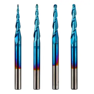 4 count 2-Flute Tapered Ball Nose End Mills Tungsten Carbide  with Nano Blue Coat, R0.25-1.0, 1/8" Shank, TB04A
