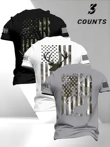 Men's Round Neck Short Sleeve T-Shirt, Vintage American Deer Head Print Design, Street Style Streetwear 3 Pack, Fashionable Daily Wear