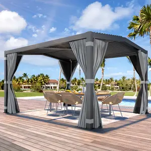 EROMMY Louvered Pergola 11x13, Aluminum Pergola with Adjustable Louvered Pitched Roof, Outdoor Small Pergola with Waterproof Curtains and Nets, Grey