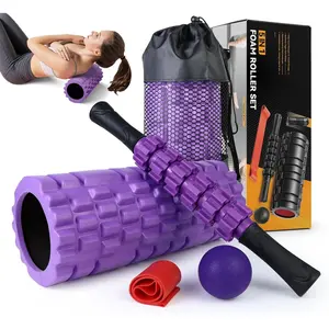 5 in 1 Foam Roller Set for Deep Tissue Muscle Massage, High Density Trigger Point Fitness Patented Exercise Foam Roller, Massage Roller, Massage Ball, Resistance Band, for Whole Body(Purple)