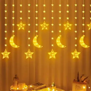 98 LED Curtain Fairy Lights, 8 Flashing Modes Decorative Lighting with Stars and Moon Design, Perfect for Christmas, Weddings and Other Seasonal Decorations