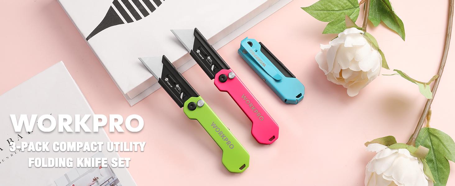 #SpringGlowUp WORKPRO 3-Pack Folding Utility Knife, Razor Blade Knife with Safety Axis Lock, Quick Change Blade Box Cutter, EDC Pocket Knife with Belt Clip