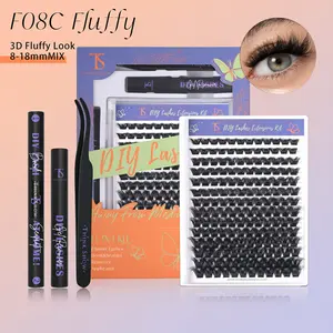 ThinkShow F08C Fluffy 3D Effect 8-18mm MIX 168PCS Synthetic Lash Extensions Kit with Glue Tools Set for DIY at Home False Eyelashes Black Cosmetic Makeup