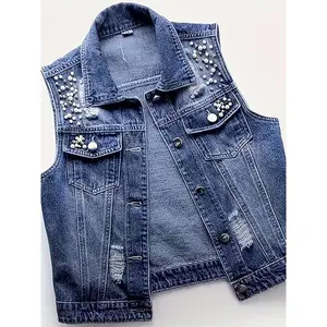 Denim Vest For Women Sleeveless Pearl Outerwear Cropped Vests Button Closure Coat Large Size Jean Jacket Coat Can be used with raincoat