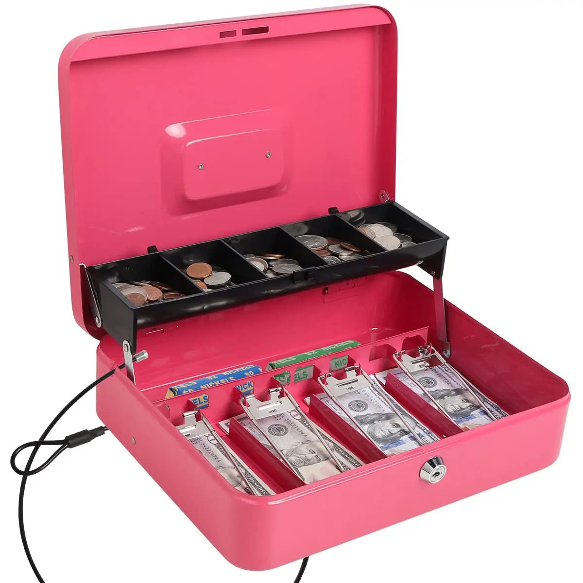 Cash Box with Key Lock，Lock Box Safe Storage Security Locker with Security Cable,Durable Metal Cash Box with Money Tray，Pink