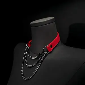 Lucky Red Leather Choker Necklace With Thick & Movable Pull Chains, Punk & Gothic Style Accessories, Slip-Chain Collar, Women's & Men's Accessories, Choking Necklace, Gift-Boxed, Suitable For Gifting & Special Occasions gifts for girlfriend