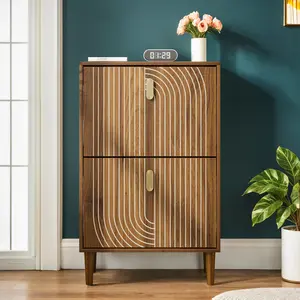 Spaco Minimalist Wood Free-standing Double 2-Tier Furniture-style Shoe Rack - 23.6"W Indoor Storage Cabinet with 2 Flip Drawers, Metal Handles, Linear Groove Detailing for Entryway, Free-Standing Shoe Racks