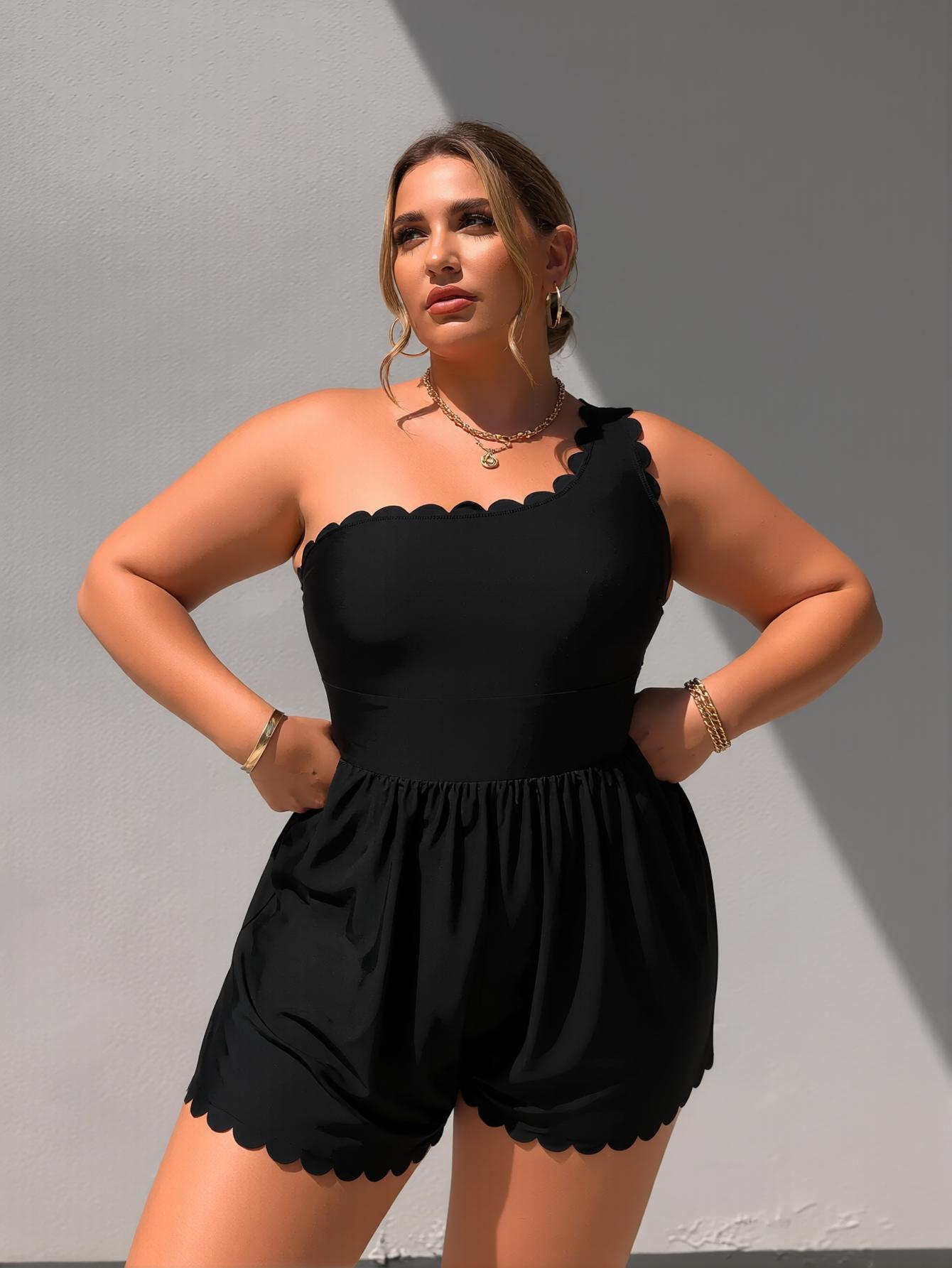 Women's Plus Size One Shoulder Swim Dress, Scallop Trim Tummy Control One Piece Bathing Suit