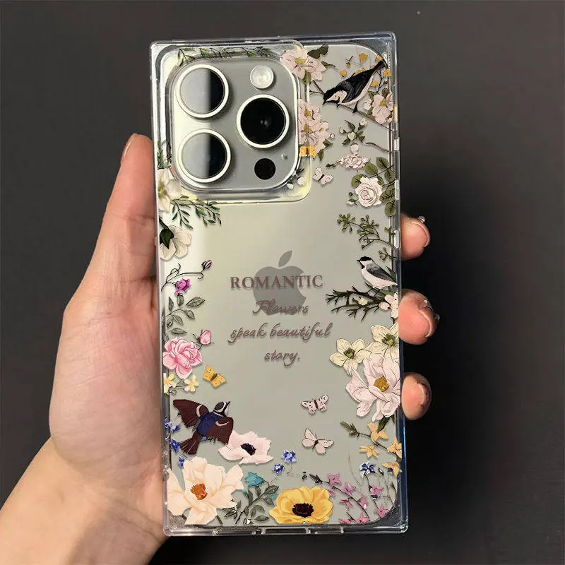 Border Floral & Bird Pattern Square Phone Case for use with iphone 17 air 16 pro max 15 plus 14 pro 13promax 4-Corner Shockproof  phone cases for iphone12/11 XS /XSMAX for women girlish/girly phone case latest viral