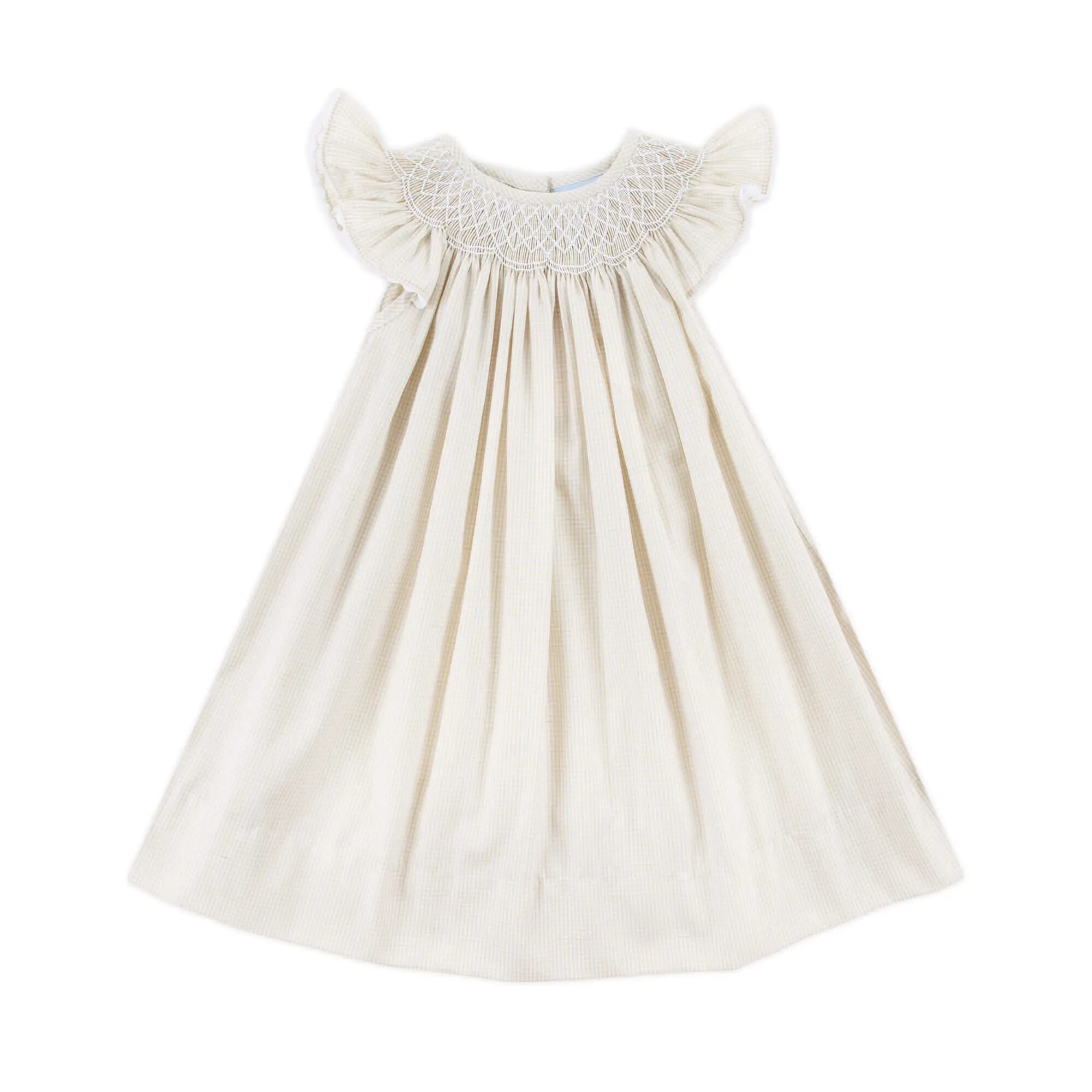 Geo Smocked Tan Gingham Angel Sleeve Dress