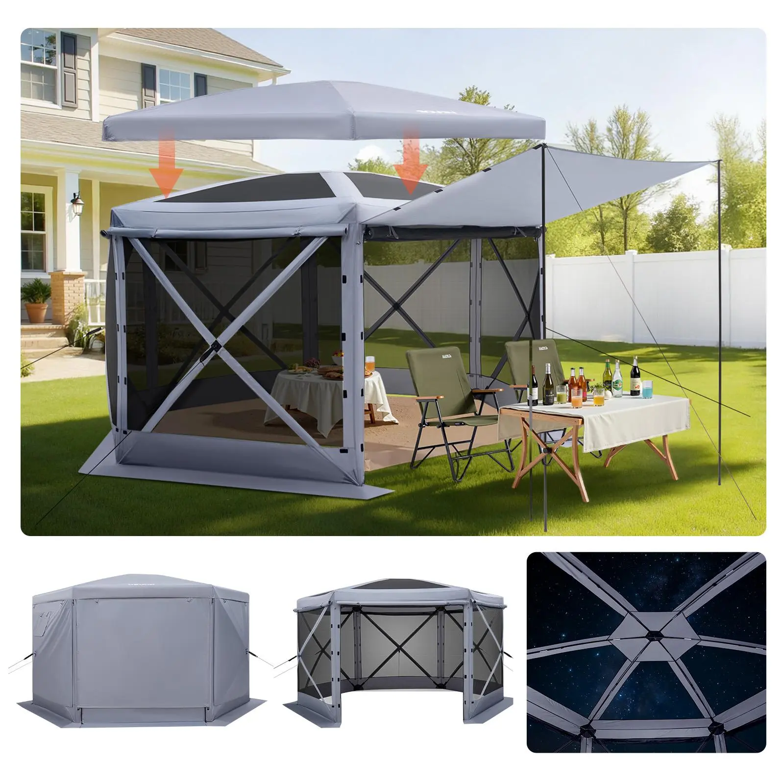 VEVOR 12x12 ft Portable Foldable Pop-Up Gazebo Screen Tent, 6-Sided 300D Oxford Canopy with Removable Top, Fiberglass Poles, Carry Bag & Tent Stakes, Quick-Set Bite-Proof Sun Shelter for 8-10 Persons, Grey Backyard Use, Portable Gazebo, Uv Protection, Sta