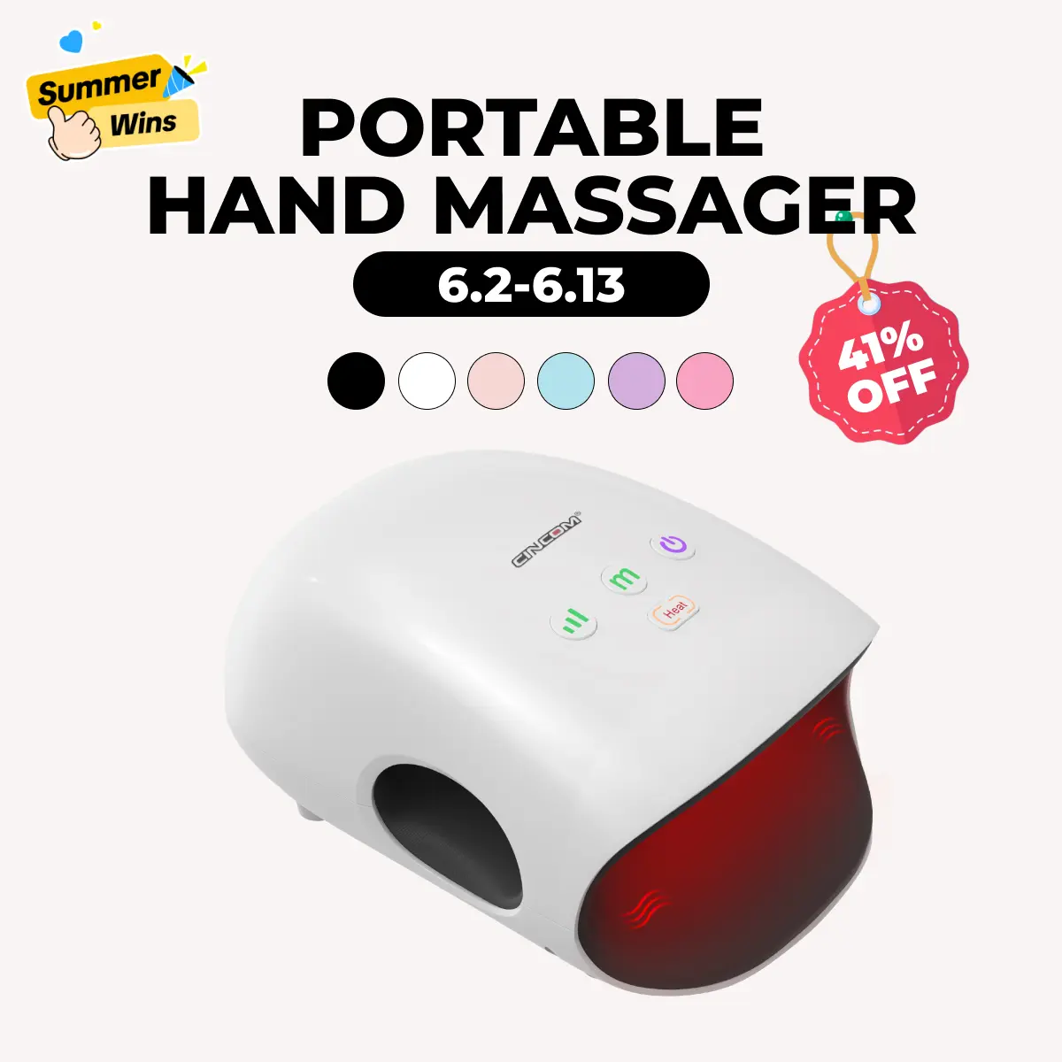 CINCOM Portable Hand Massager, Cordless, Advanced Airwave Technology, Customized Mode & Heating Function, Long-Lasting Battery Life, Auto-Off Feature, Perfect for Daily Relaxation, Comfort, White, Ideal Gift for Christmas & Birthday,summerwins