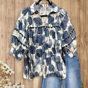 SageVell Romantic Floral Print Collared Neck Blouse Ruffled Panel Perfact Cozy Summer Spring 3/4 Sleeve Women's Top Shirts Multicolor
