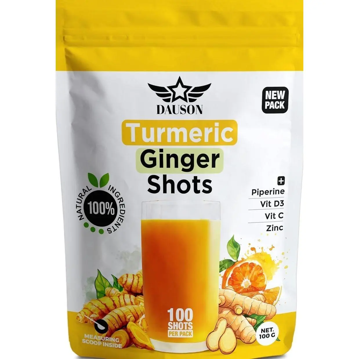 Turmeric Ginger Supplements with Piperine, Vitamin C, Vitamin D3 & Zinc | 100 Servings of Ginger Turmeric Shots for Joint, Heart, Brain, Gut & Skin Health | Ayurved | Powder