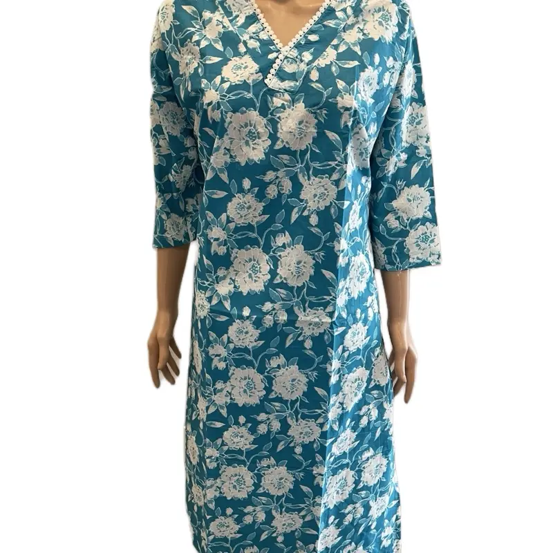 Women's Simple Floral Print Kurti Dress, Soft Breathable Cotton V-Neck 3/4-Sleeve Top - 45-Inch Bust Size, 1-Piece for Casual & Traditional Events
