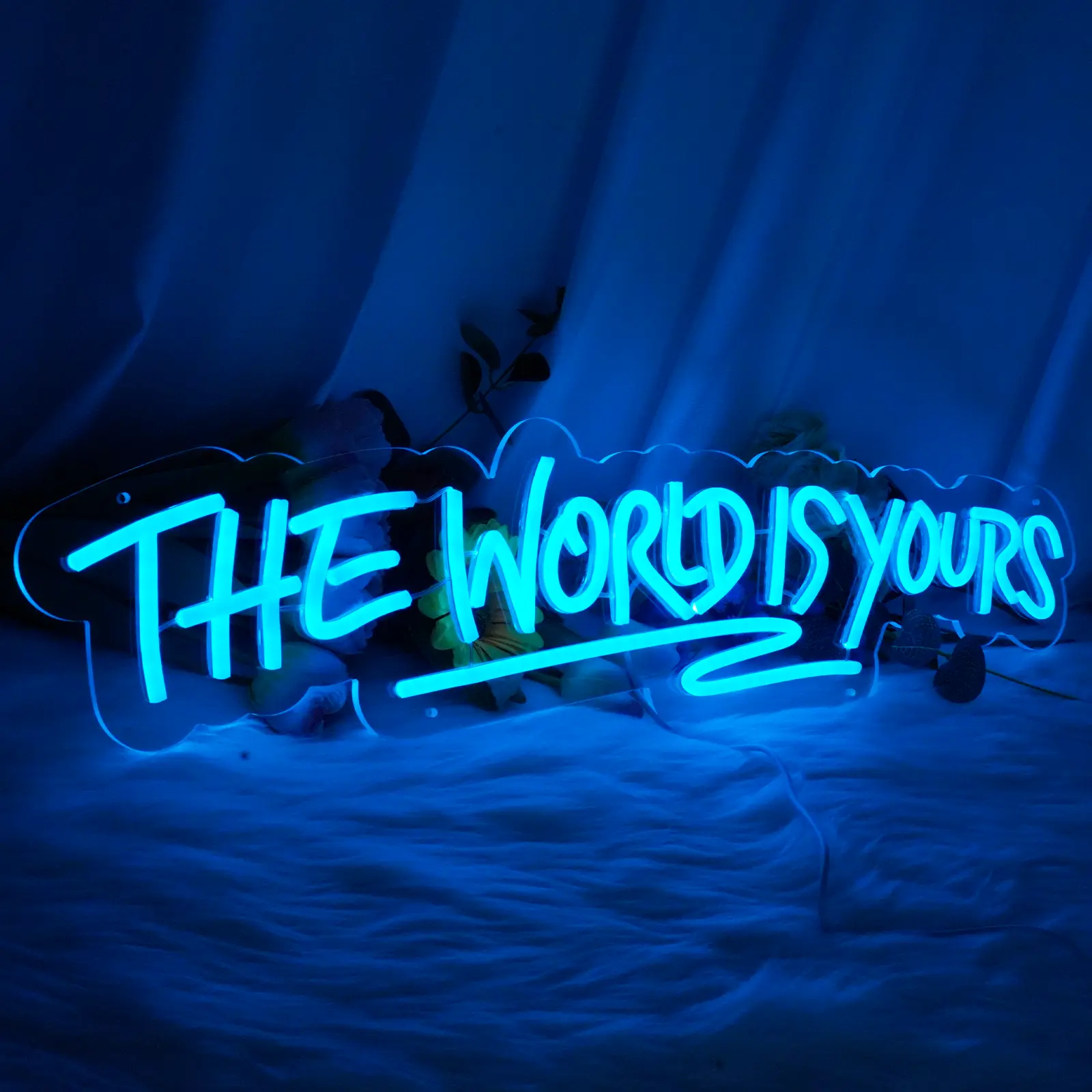 The World Is Yours Neon Sign - USB-Powered Blue Ambient LED Light, Decorative Atmosphere Lamp - Alternative Artistic Novelty Lighting, Gallery Light Novelty Lighting - Home & Office Wall Decor