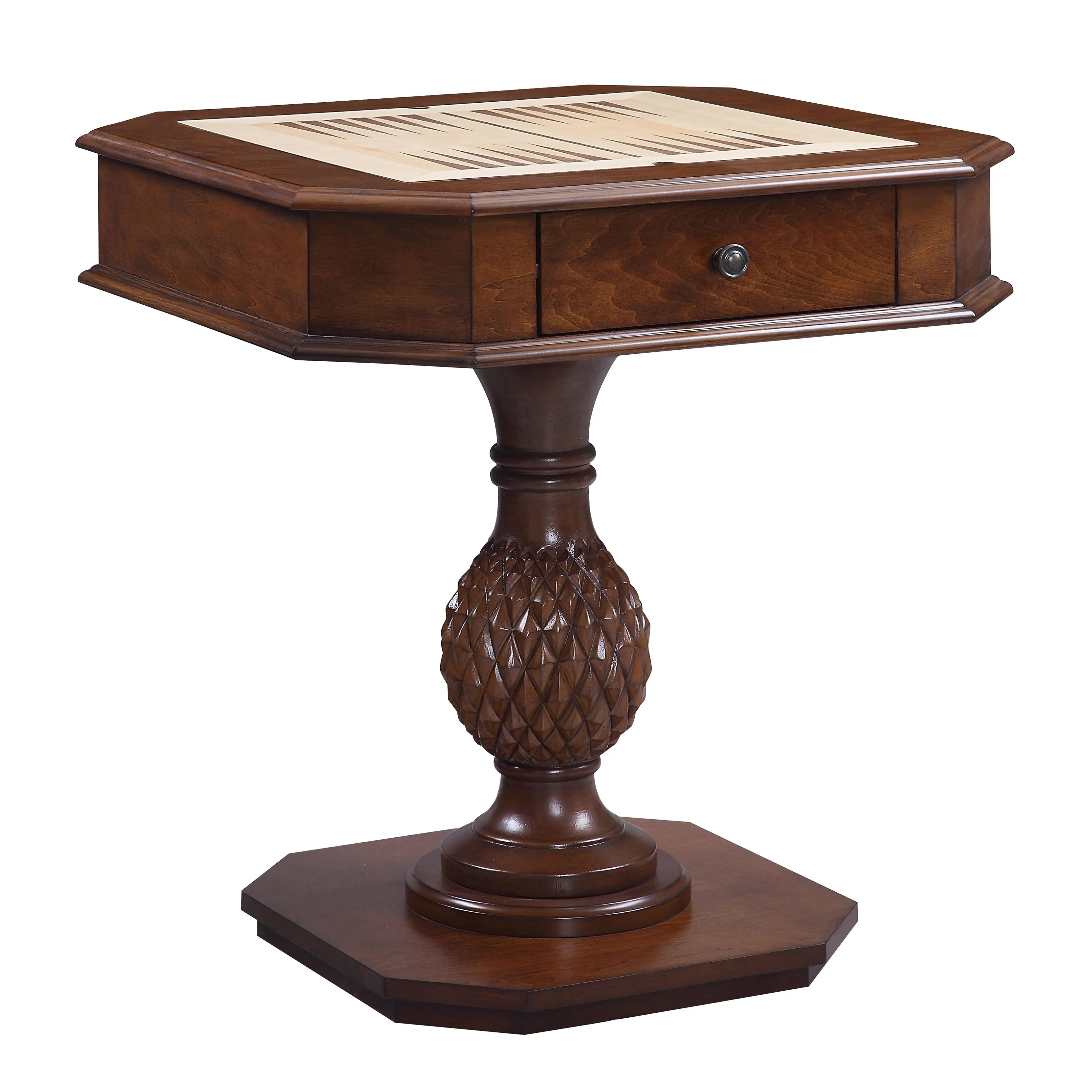 Dreamzon Cherry Game Board Table with Pedestal Base, Clipped Corners, Reversible Game Board, Storage Drawers for Convenient Storage, Keeps Pieces Safe, 28.5in Deep, 30.5in High, Suitable for Checkers, Backgammon