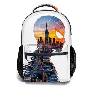 Men's and women's backpacksStudent Schoolbag Childrens Schoolbag High Quality Schoolbag Gift For Anime Spiderman Cityscape Silhouette Double Exposure Art Design Durable Fabric Mesh Side Pockets For Students Daily Use