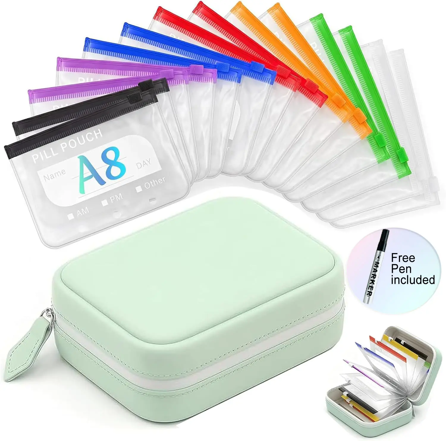 [Summerwins] A8 Waterproof Pill Organizer Set, Large Weekly Pill Organizer 14 Color-Coded Medicine Pouches, Travel Pill Organizer for Vitamins, Supplements, Fish Oil, Reusable Travel Medicine Organizer, Includes Free Black Marker Pen