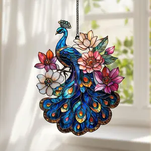 Jeweled Peacock Faux Stained Glass Suncatcher – Acrylic Window Panel with Blossoms and Feathers, Colorful Bird Art for Spring Home Decor