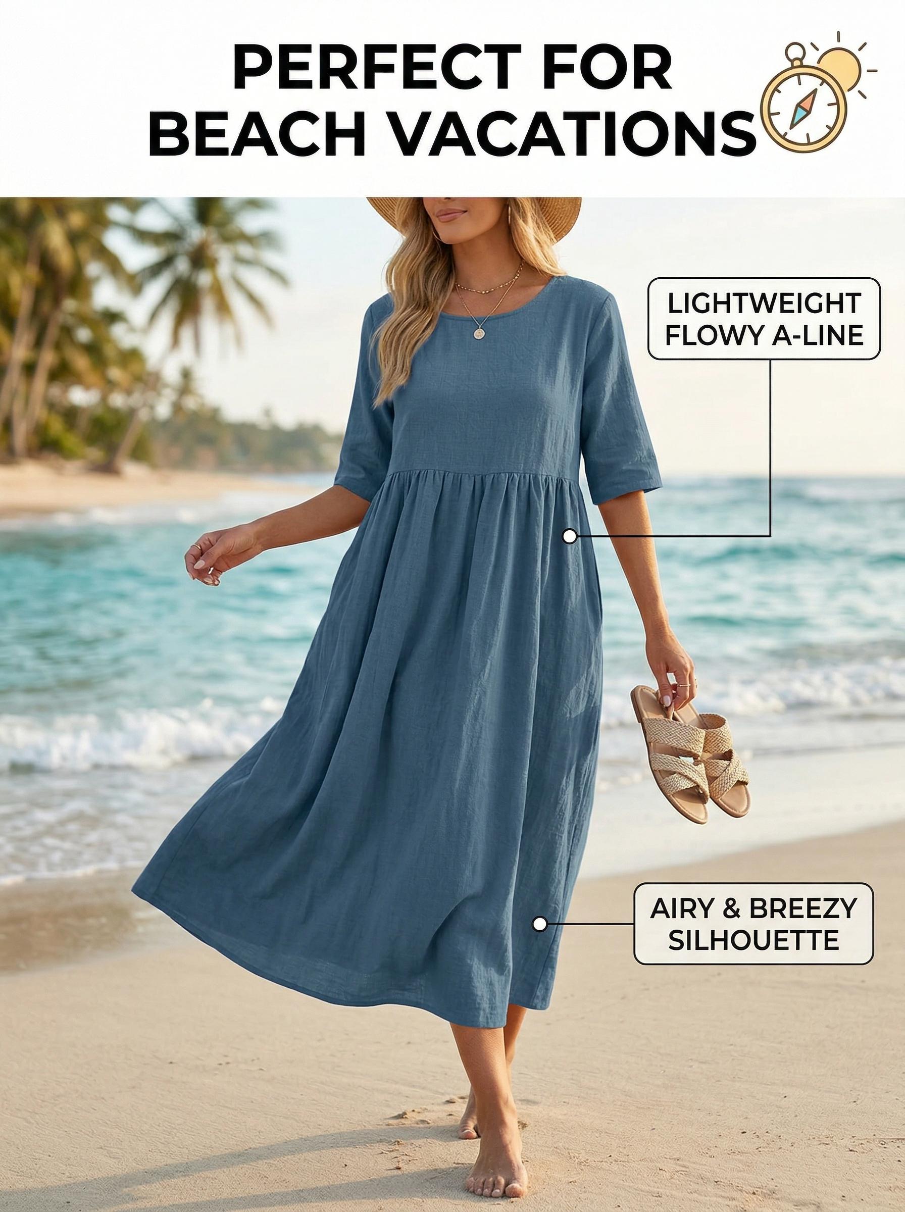 2026 Women's Summer Cotton Linen Loose Midi Dress - Casual Short Sleeve Round Neck Flowy Beach Vacation Dress with Pockets, Plus Size Vintage Style Party Wear