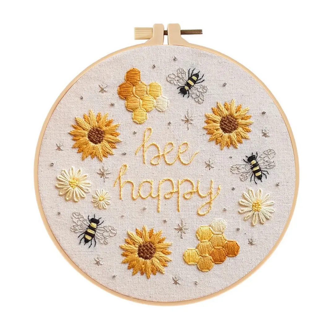 Beginner Embroidery Kit, Handmade Embroidery, Flower Embroidery, Elegant Bee Design Daisy Cross Stitch Set, DIY Craft Supplies, Includes Printed Cotton Fabric, Thread, Needle, Pattern