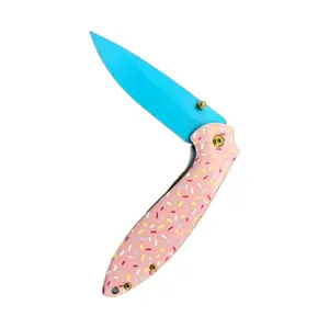 Small EDC Knife with Pocket Clip, Serrated Pink Pocket Knife for Women，Donut Folding Pocket Knife, Great for Camping, Survival and Hiking