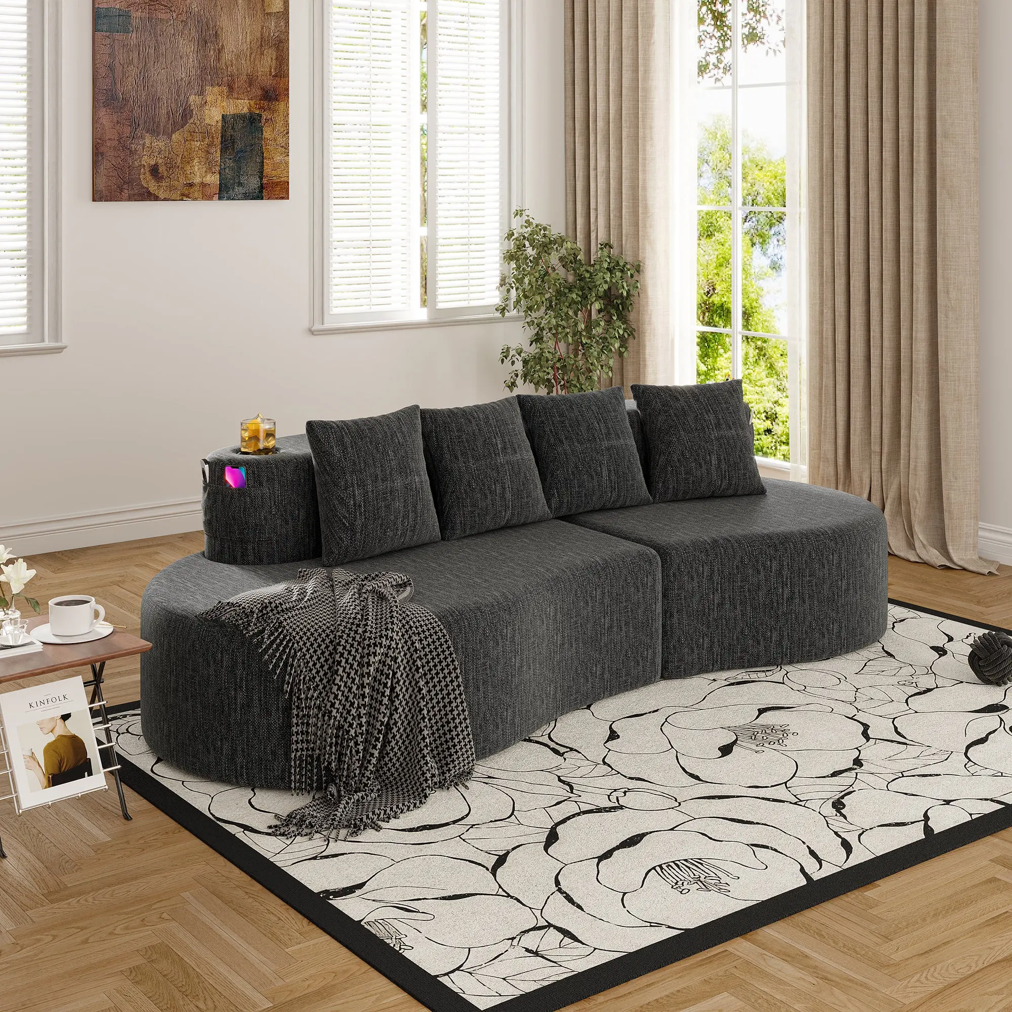 LIKESHOPPE Modern Curved 3-Seat Sectional Sofa – Half Moon Chenille Modular Couch with Memory Foam